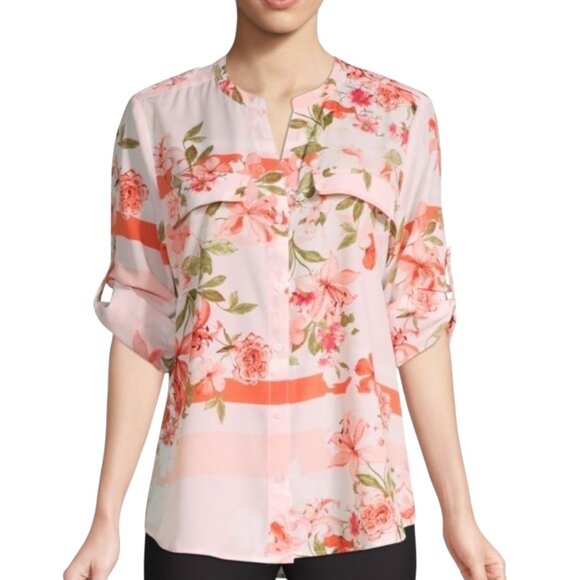 Calvin Klein Botanical Roll-Sleeve Utility Blouse Porcelain Rose Women’s Size XL - Picture 1 of 11